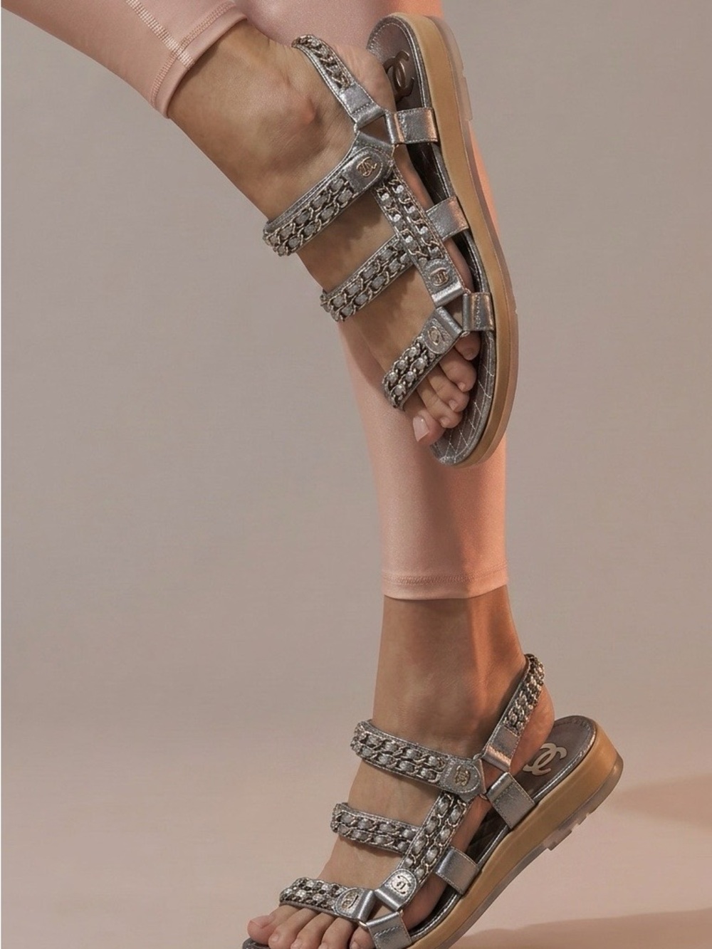 CHANEL Metallic Silver Quilted Chain-Strap Sandals